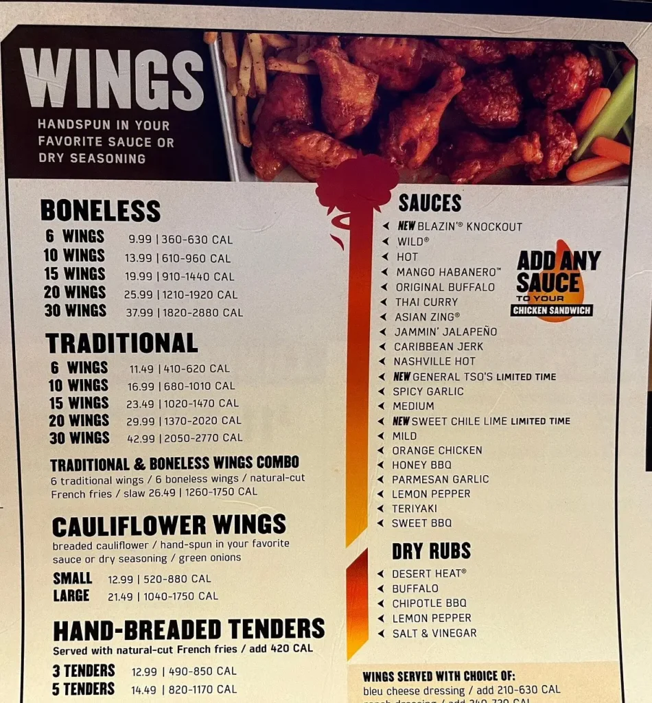 Buffalo Wild Wings Menu USA