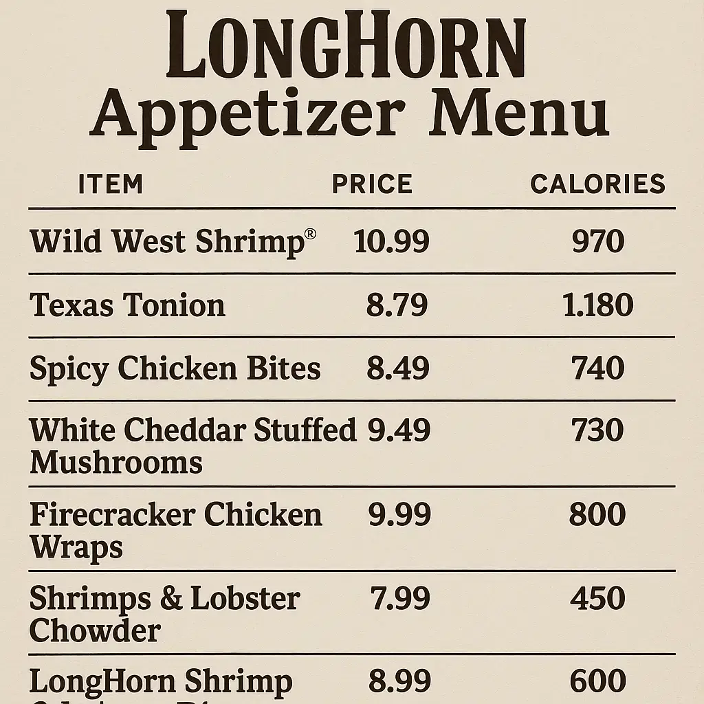 LongHorn Steakhouse Menu USA
