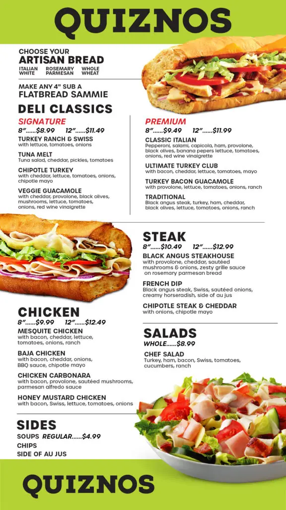 Quiznos Menu USA