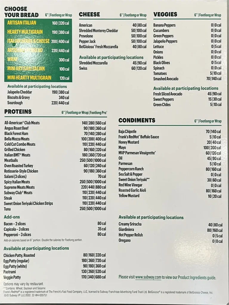 Subway Menu USA 