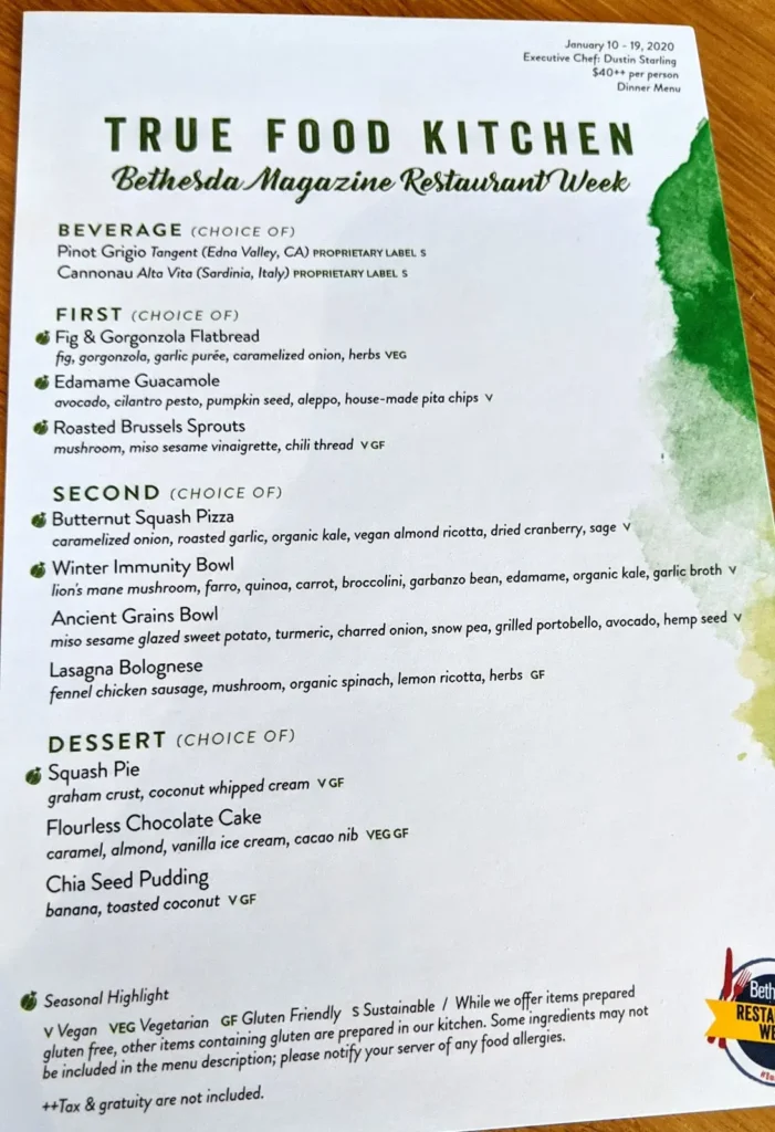True Food Kitchen Menu USA 