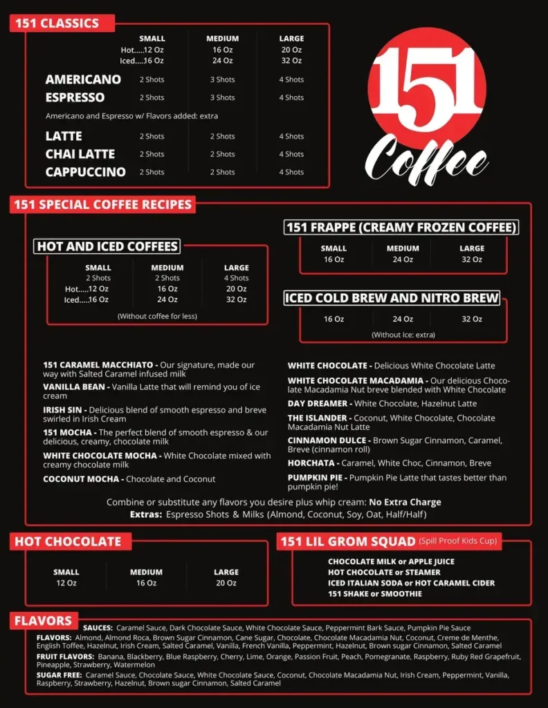 151 Coffee Menu USA