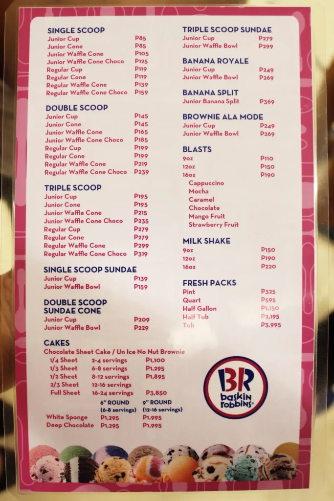 Baskin Robbins Menu USA