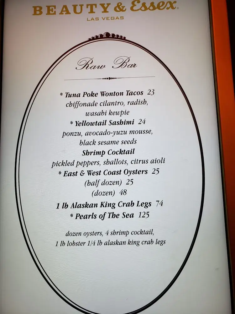 Beauty and Essex New York Menu USA Prices