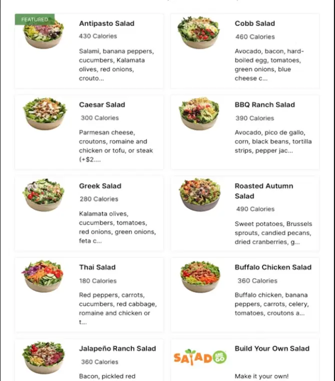Salad and Go Menu USA