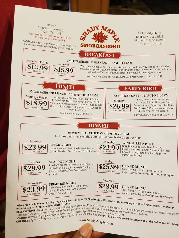 Shady Maple Menu USA