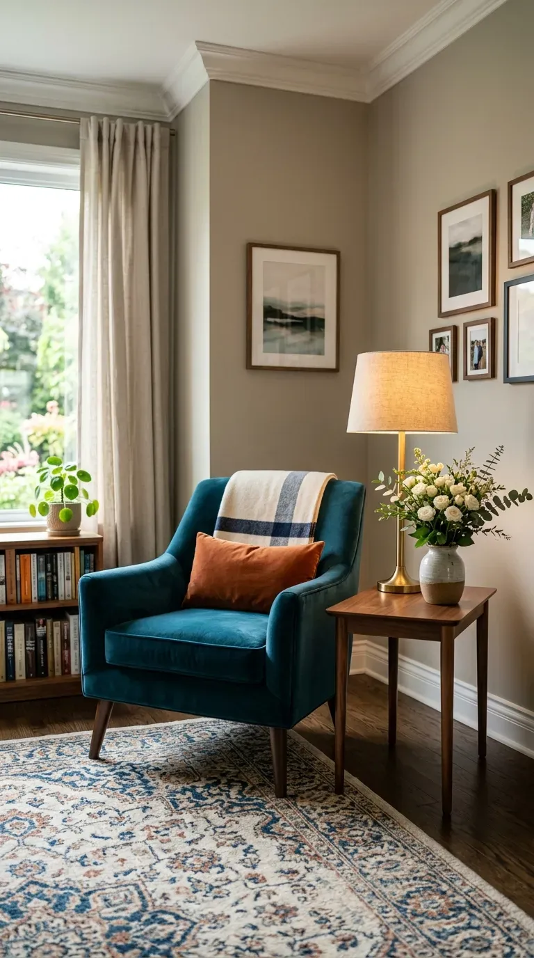 Stylish accent chair with side table in living room corner