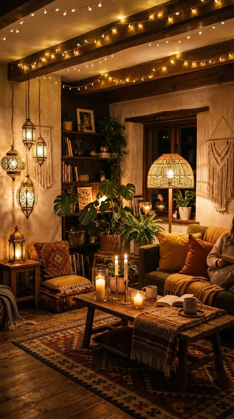 Warm boho living room with layered ambient lighting