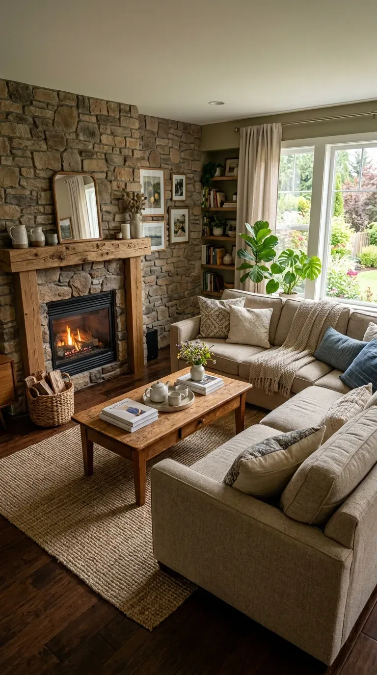 Living room with furniture arranged at angles for visual interest