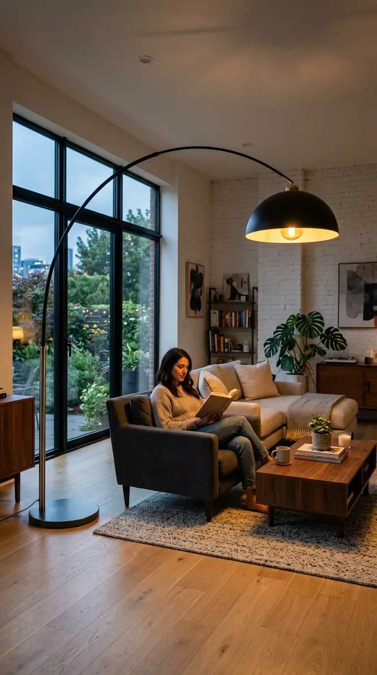 Dramatic arc floor lamp illuminating seating area
