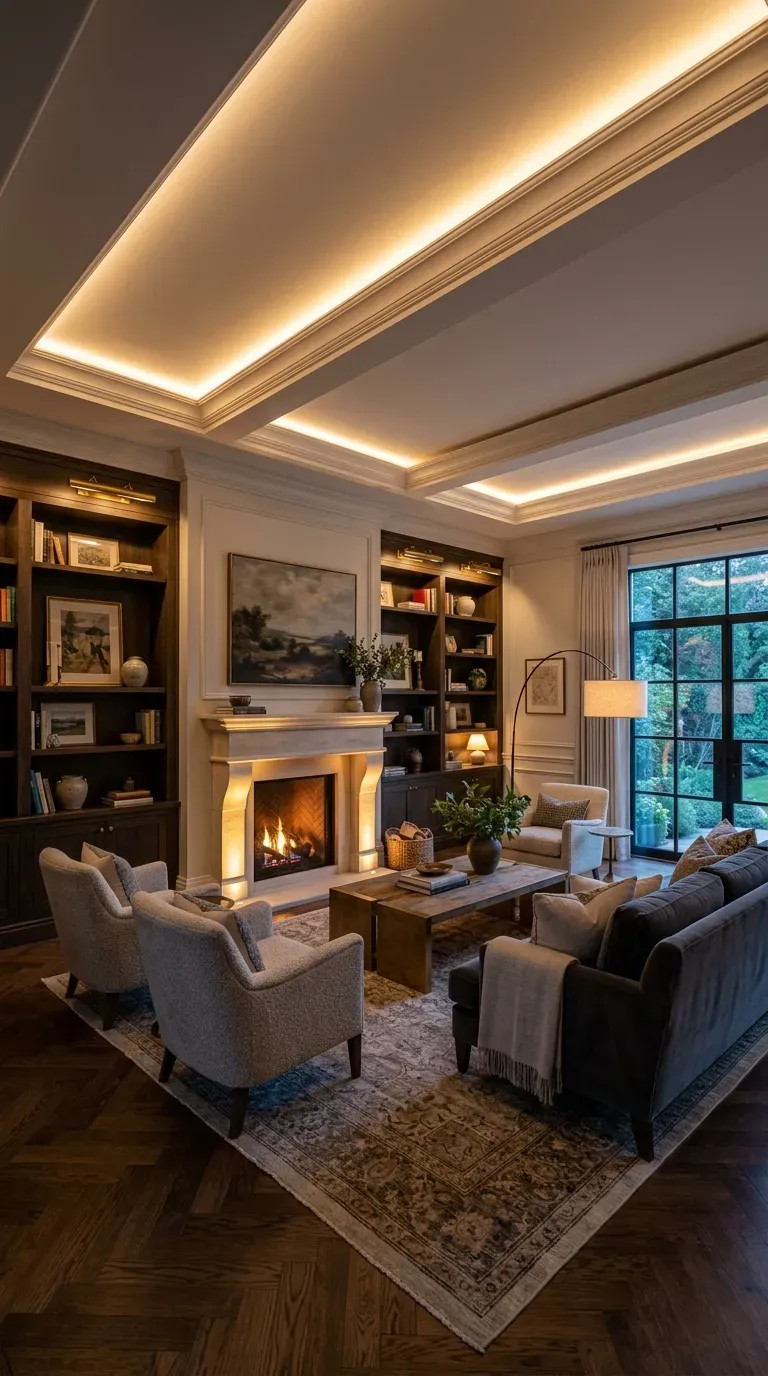Lighting highlighting architectural features in living room