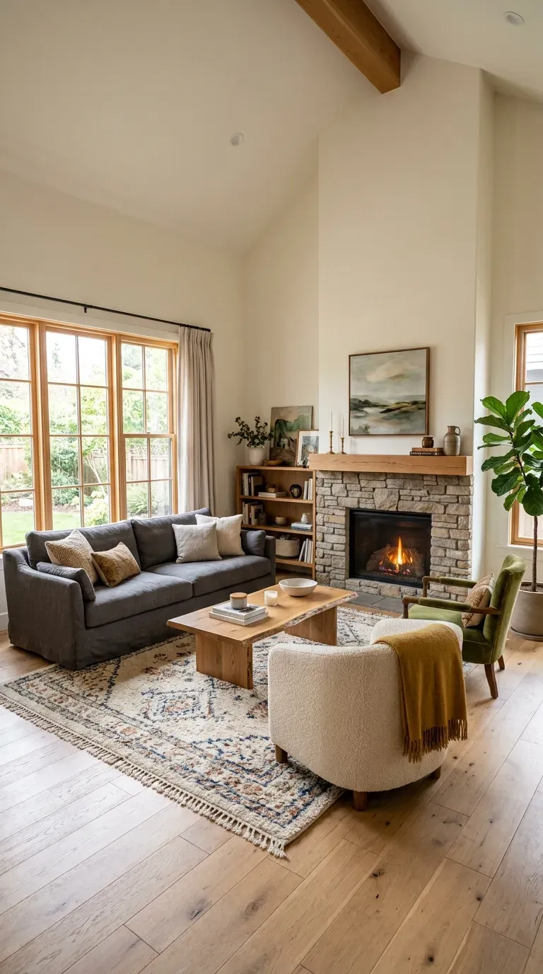 Living room with corner fireplace arranged square to flat walls