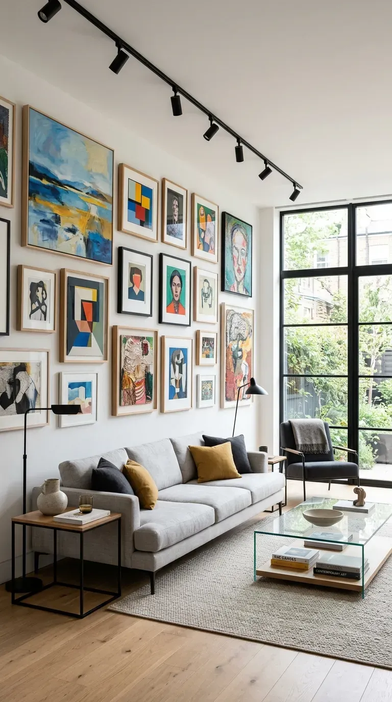 Neutral living room as art gallery with spotlighted artwork
