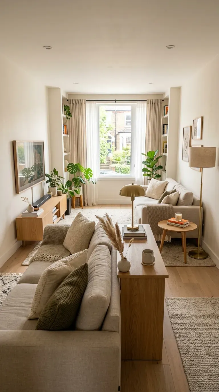 Two sofas placed back-to-back dividing a narrow living room into two zones