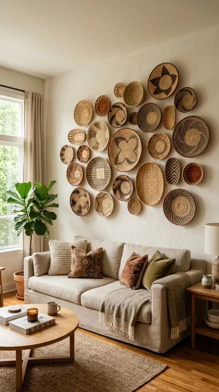 Living room wall with woven basket collection