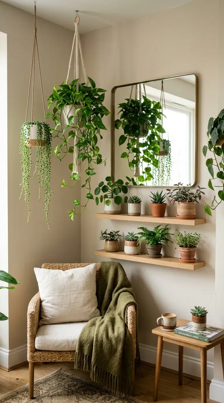Living room corner with hanging plants and greenery display