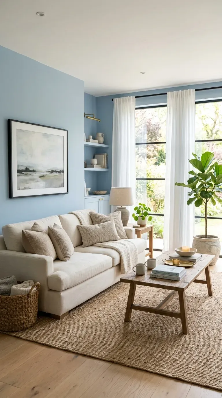Happy living room with blue-green walls and walnut velvet sofa
