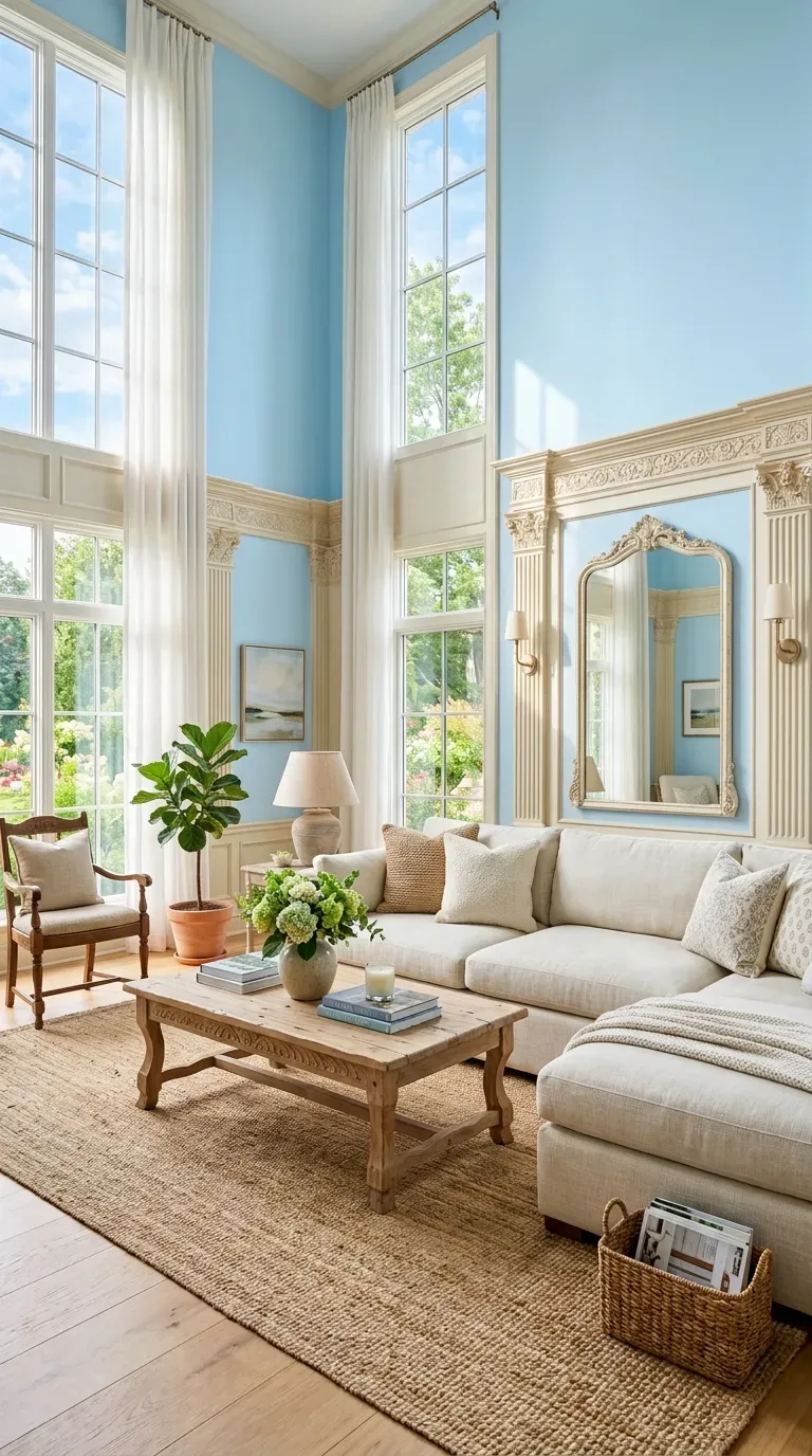 Fresh living room with blue accents, white walls, and rattan furniture