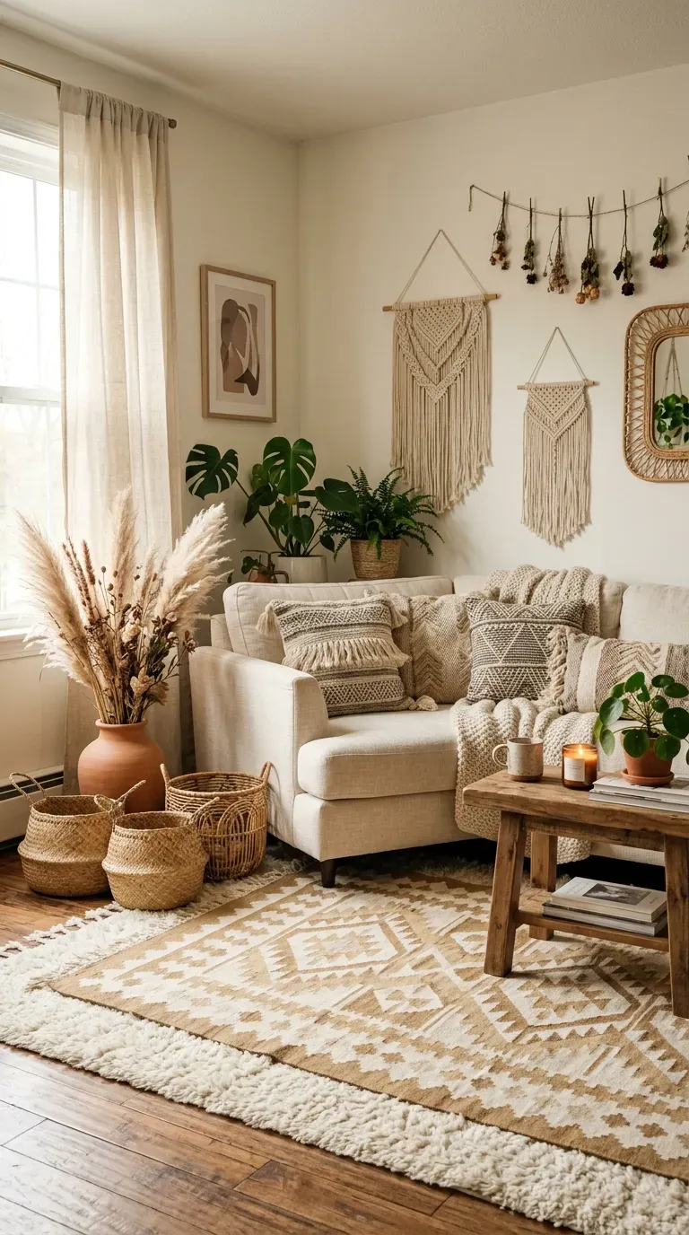 Bohemian living room with layered rugs and woven textures