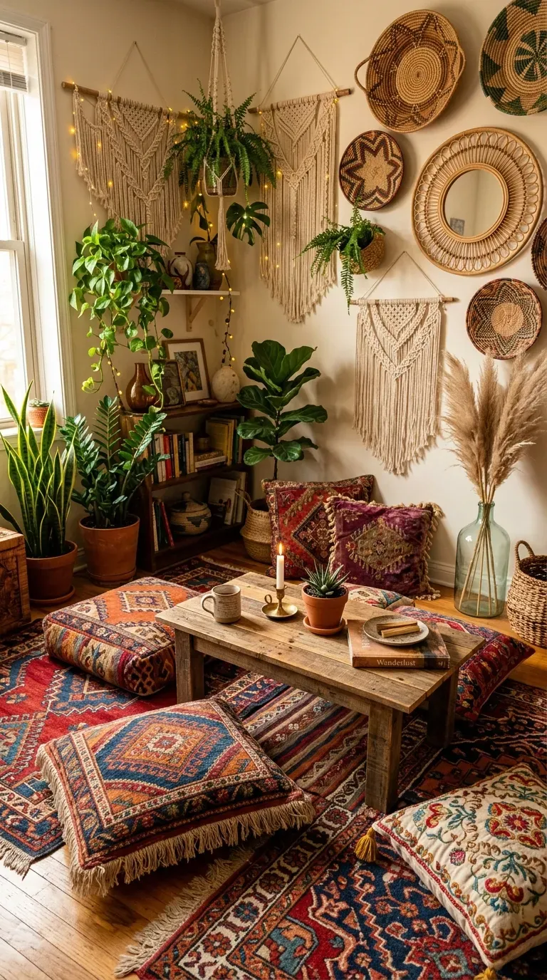 Vibrant bohemian corner with patterns and textiles