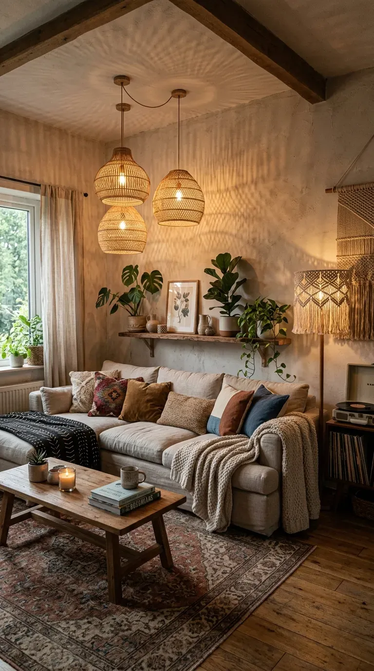Boho living room with woven rattan and macramé lighting