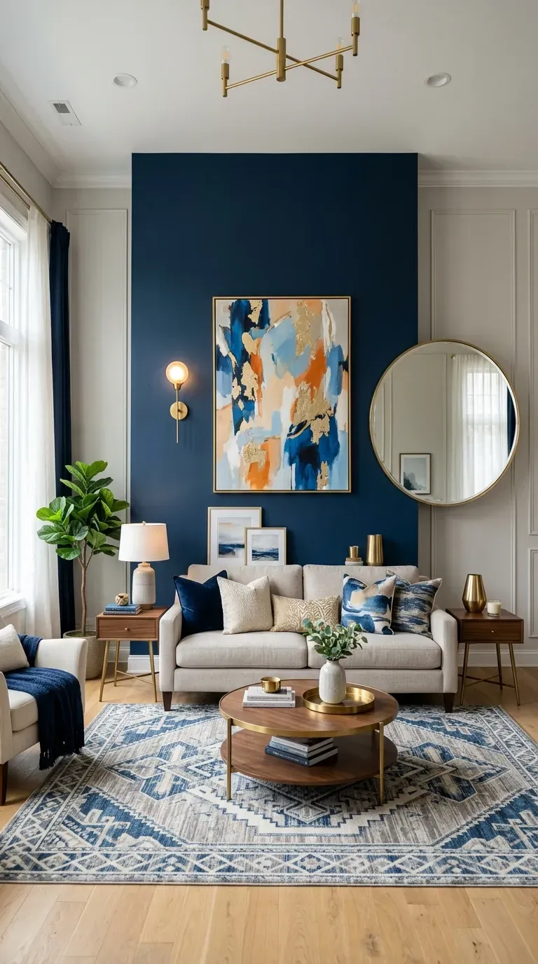 Living room with dark navy accent wall creating depth
