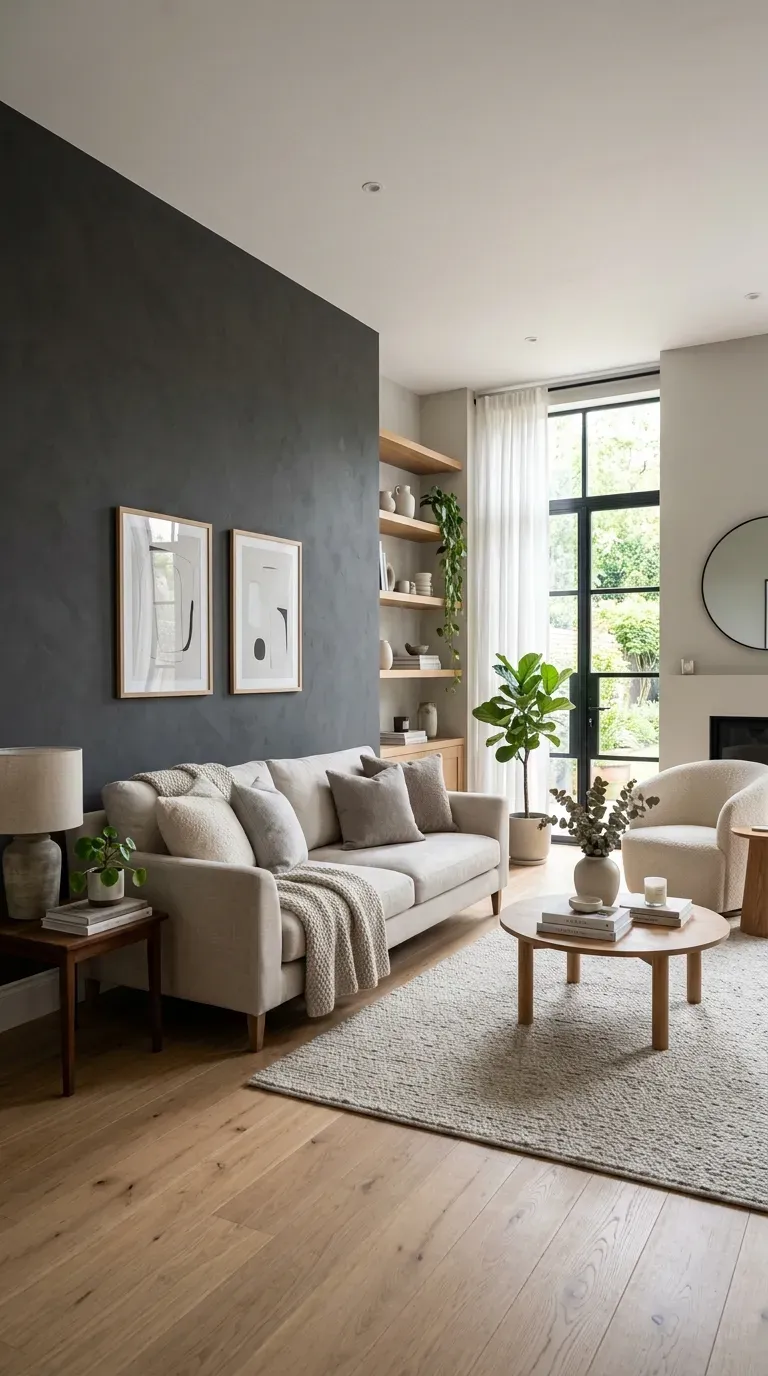 Neutral living room with dark grey accent wall for contrast