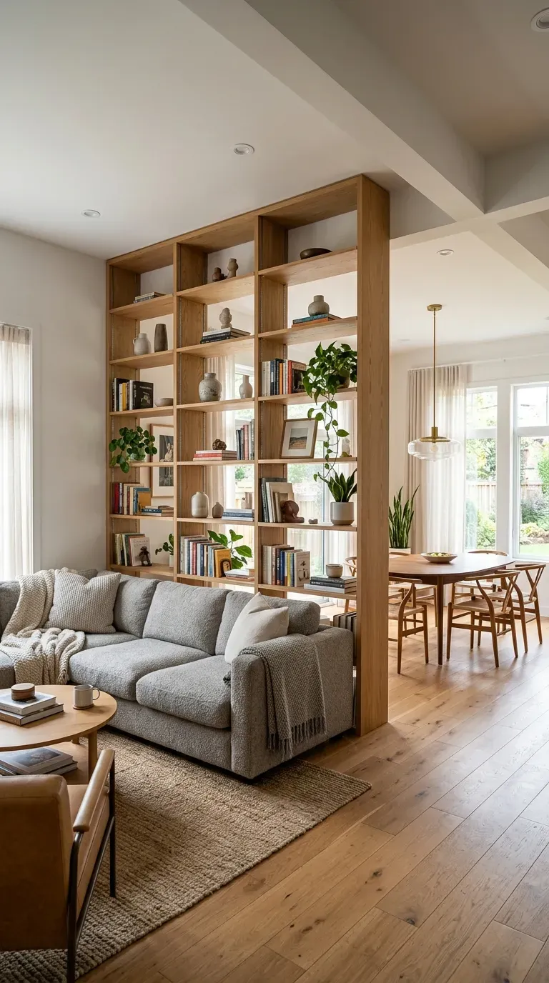 Tall bookshelf dividing living area from dining in open-concept room