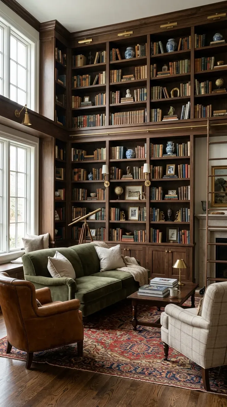 Elegant living room with floor-to-ceiling built-in bookcases