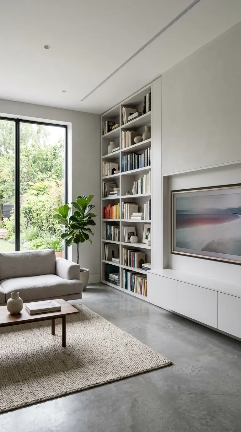 Sleek minimalist living room with seamless built-in furniture