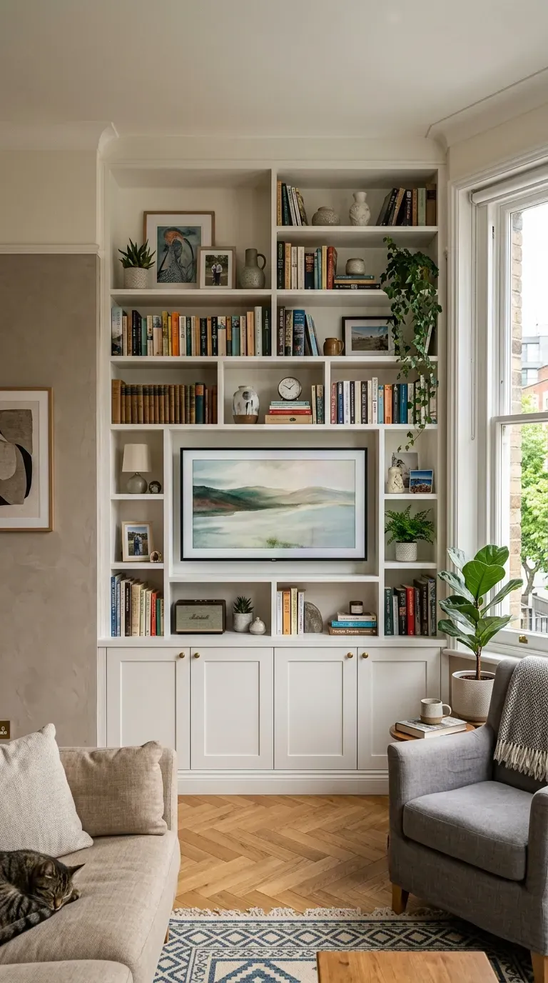 Small living room with built-in shelving filling an alcove