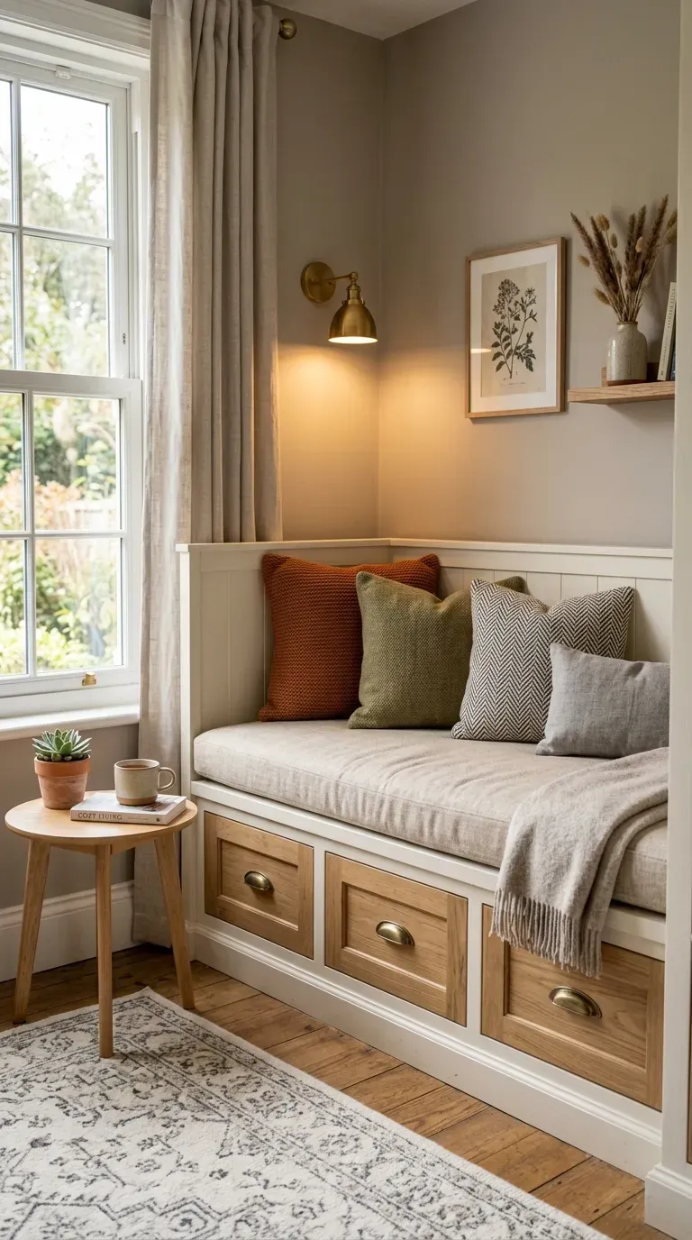 Storage bench with cushions in living room corner
