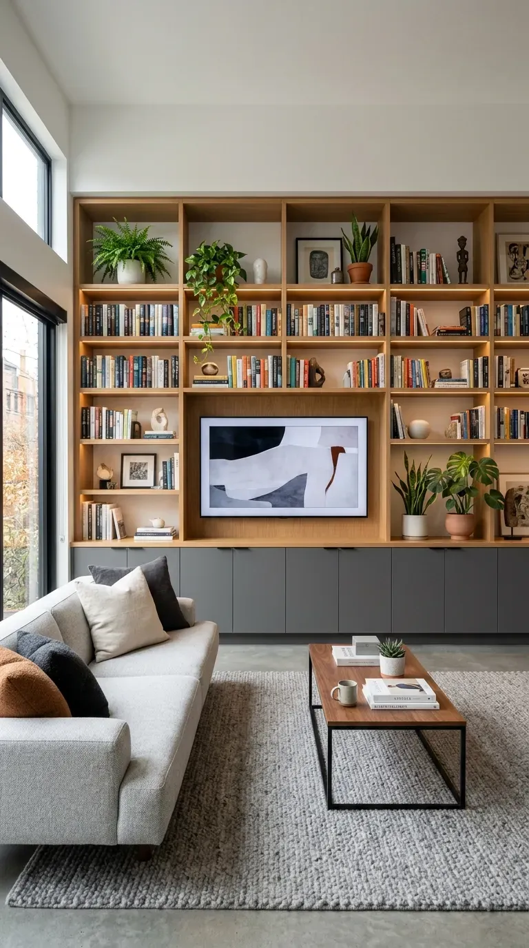 Living room with floor-to-ceiling built-in storage wall maximizing vertical space