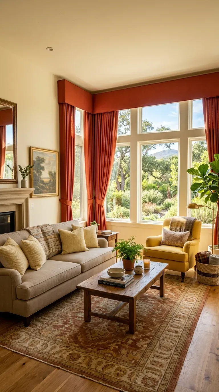 Warm living room with burnt red curtains and light yellow accents