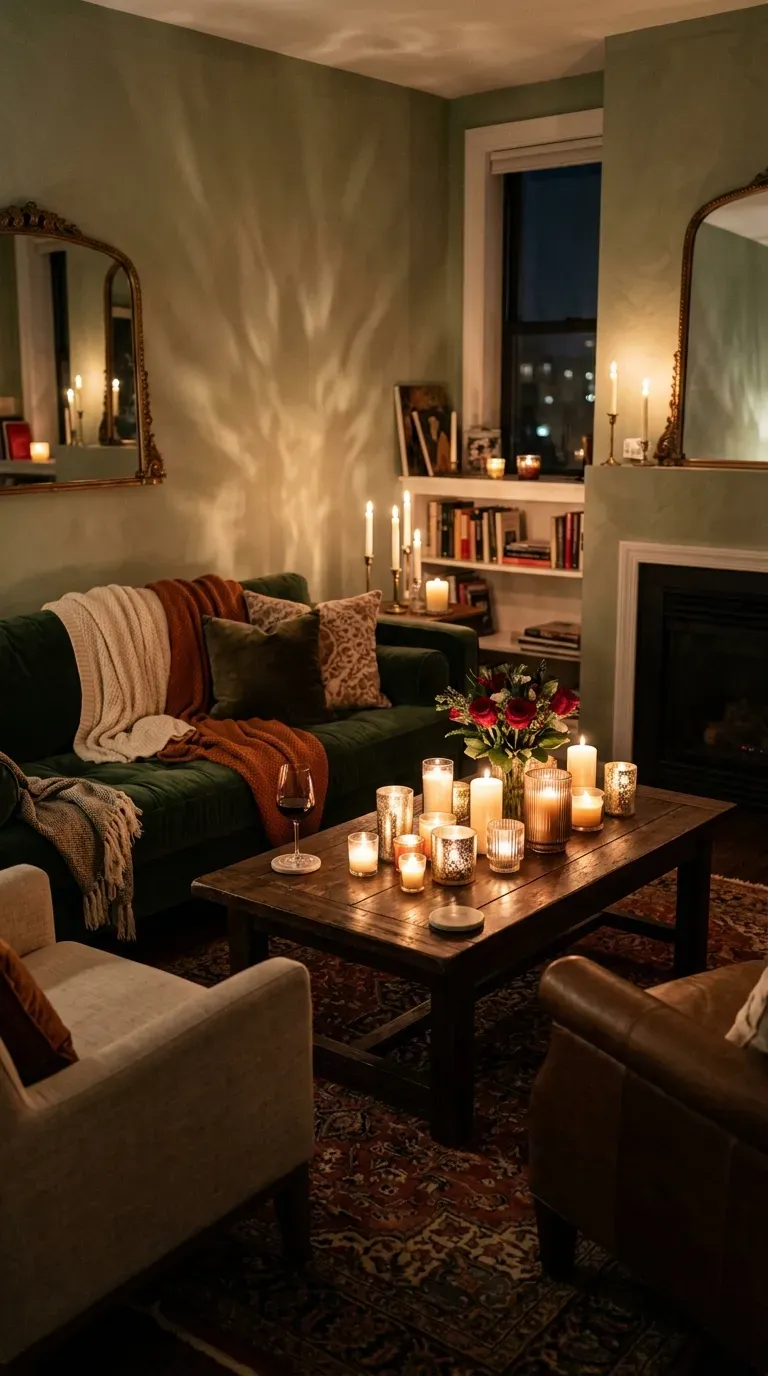 Warm living room with candles creating flickering ambiance