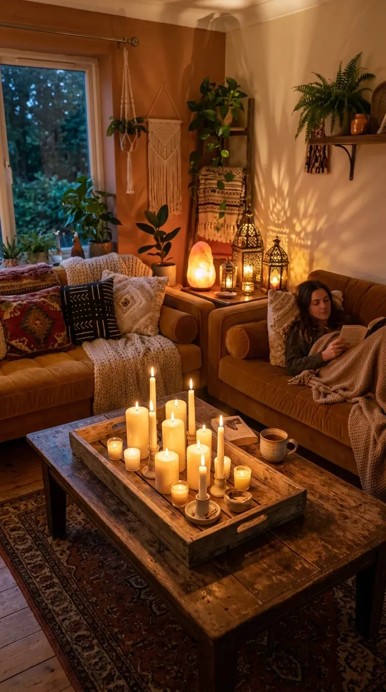 Boho living room with candles creating warm evening glow