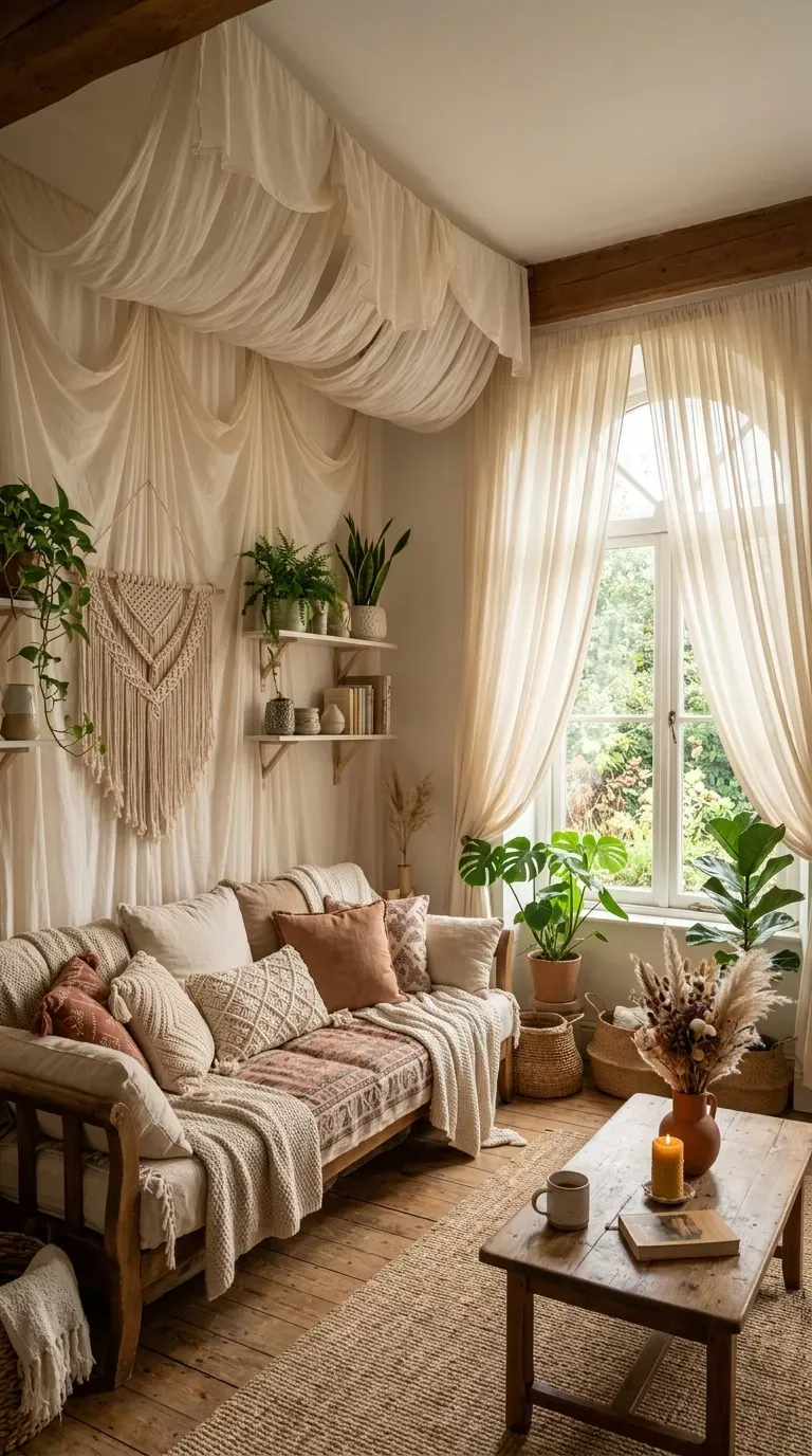 Boho living room with flowing canopy curtains and draped fabrics
