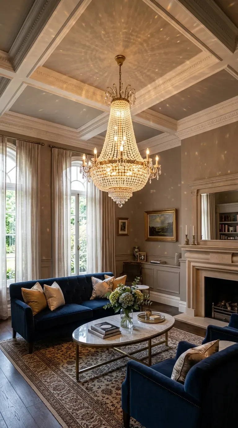Elegant living room with stunning chandelier as focal point