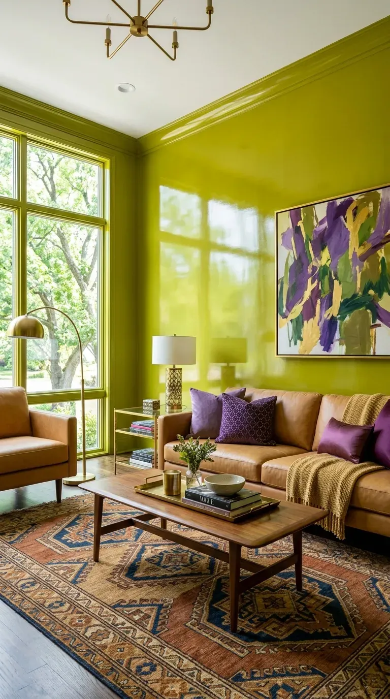 Electric chartreuse living room with camel and purple accents