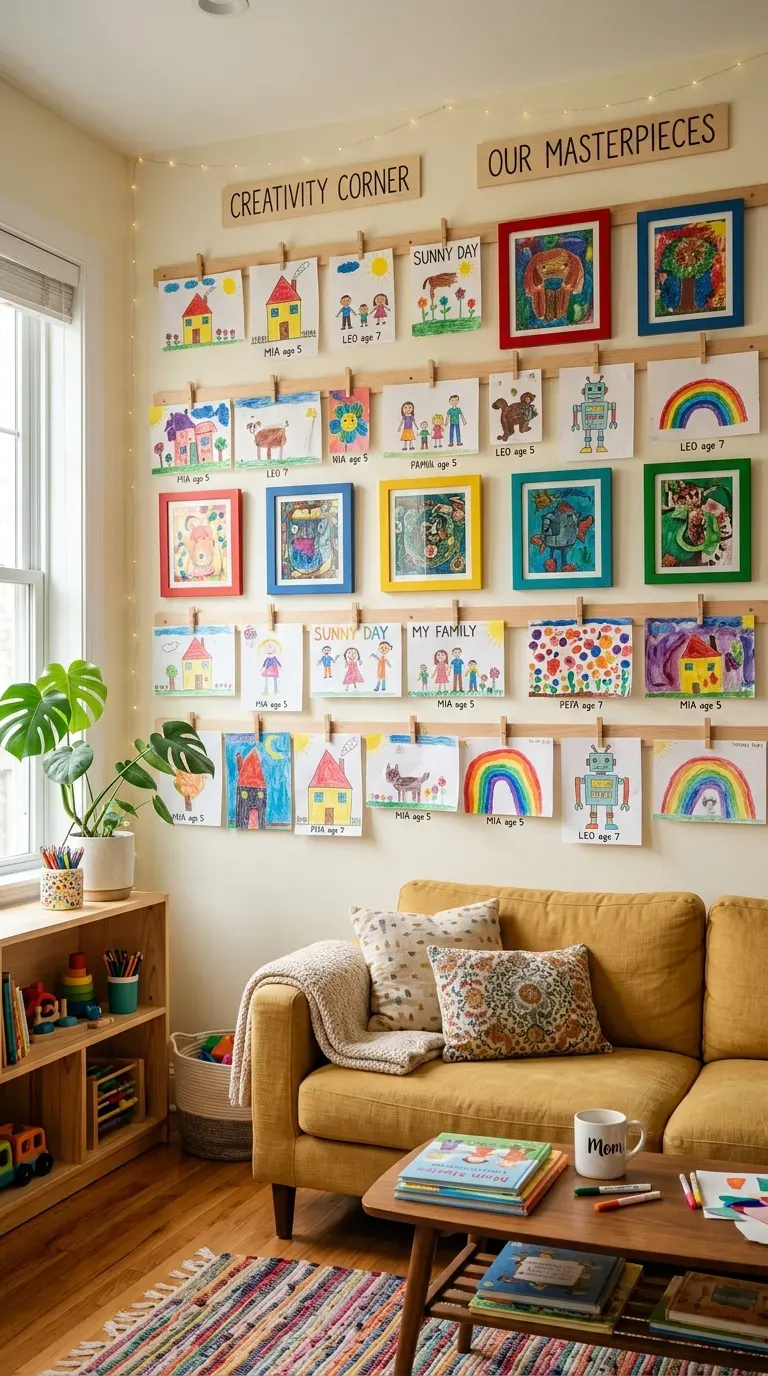 Living room wall displaying children's artwork in creative frames