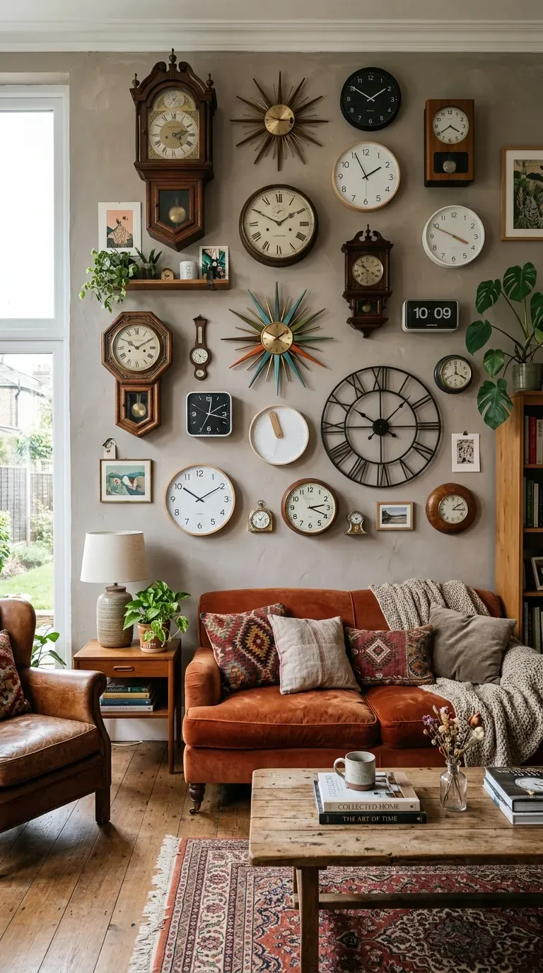 Living room wall with collection of vintage and modern clocks
