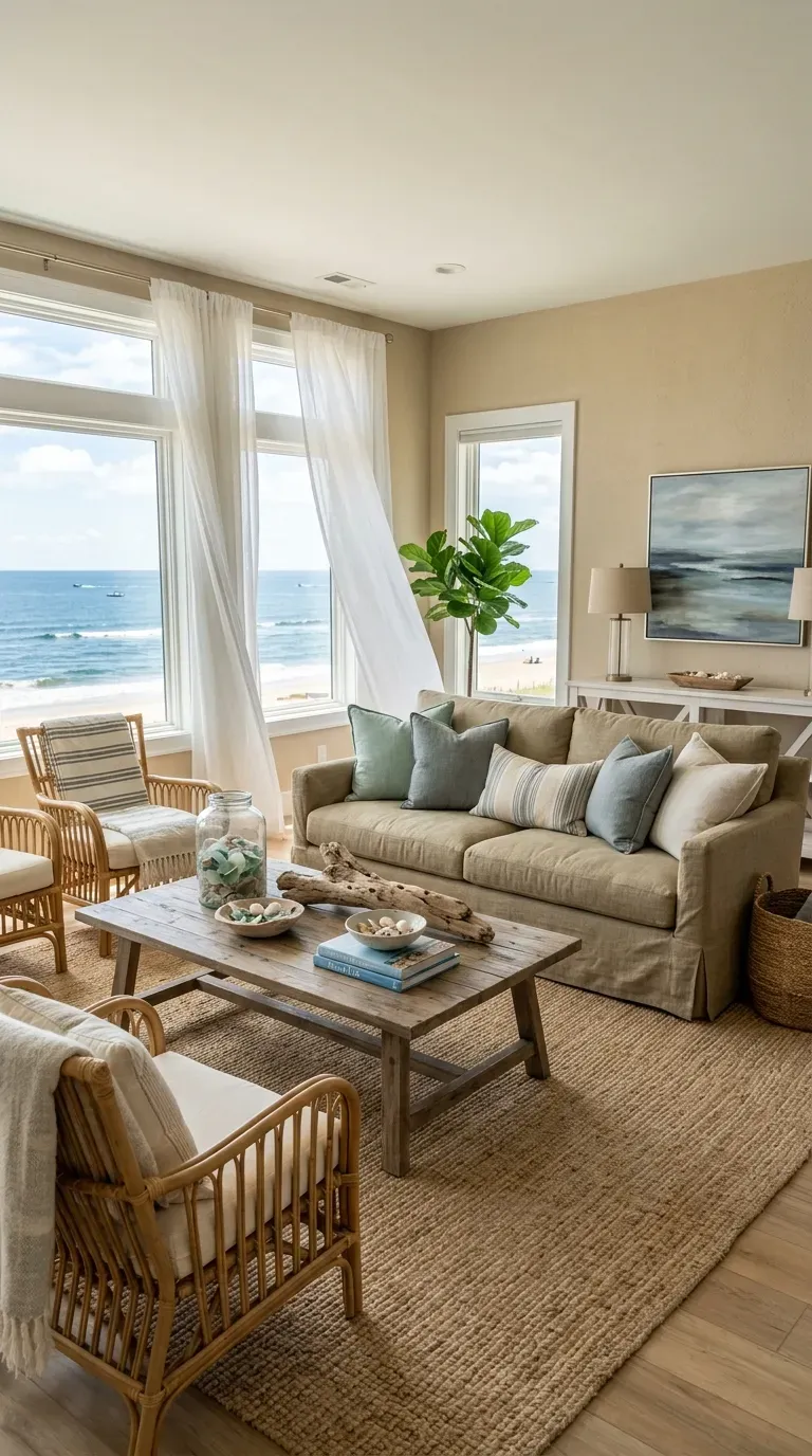 Coastal living room with sandy beiges and blue-gray accents