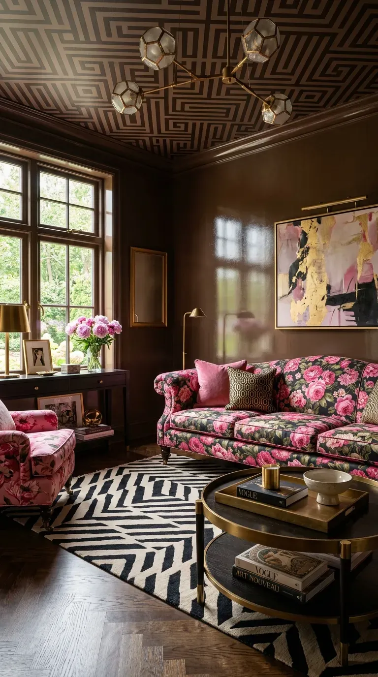 Dramatic living room with glossy brown walls and pink floral accents