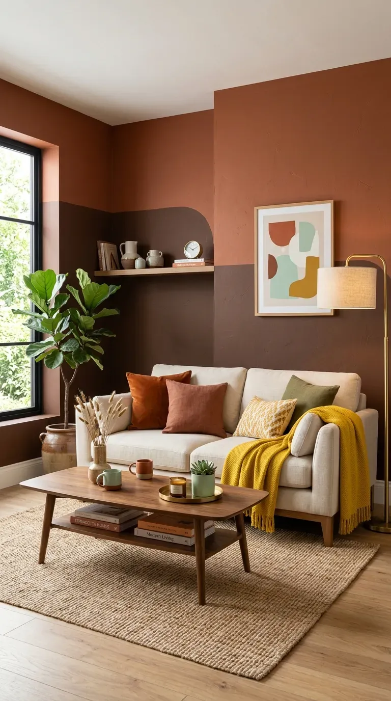 Modern living room with color-blocked brown walls and contrasting accents