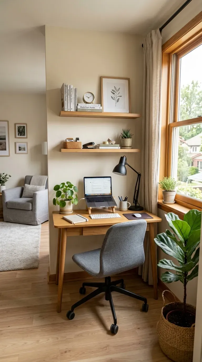 Small desk workspace tucked into living room corner