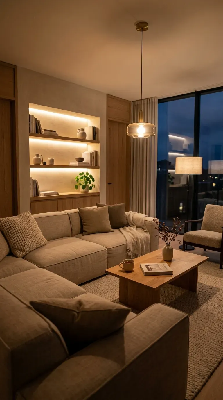 Minimalist living room with sleek compact lighting fixtures
