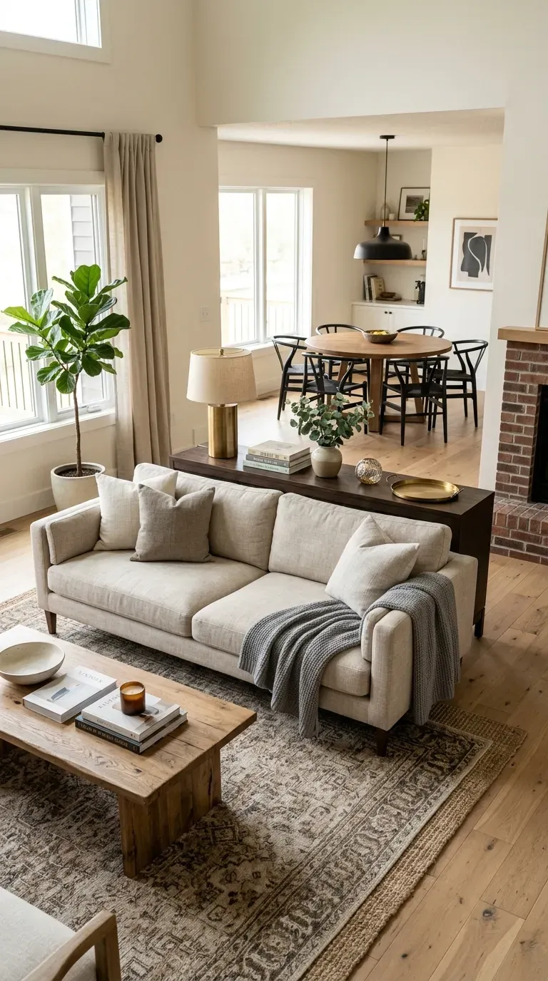 Console table behind sofa separating living area from dining zone