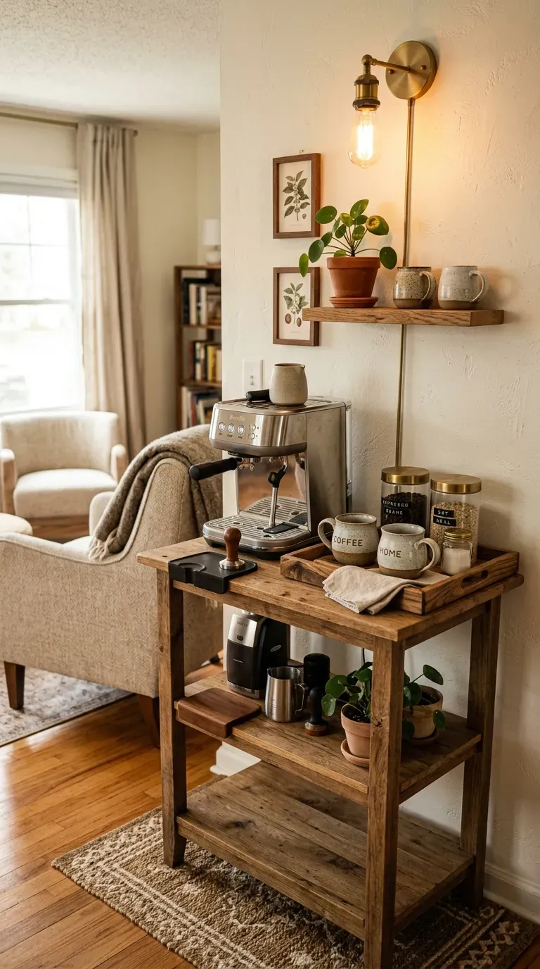 Small coffee bar setup in living room corner