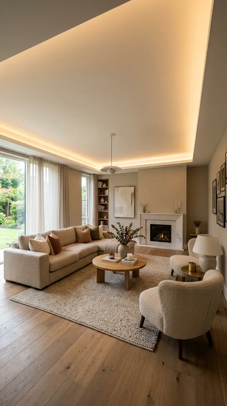 Living room with soft cove lighting at ceiling perimeter