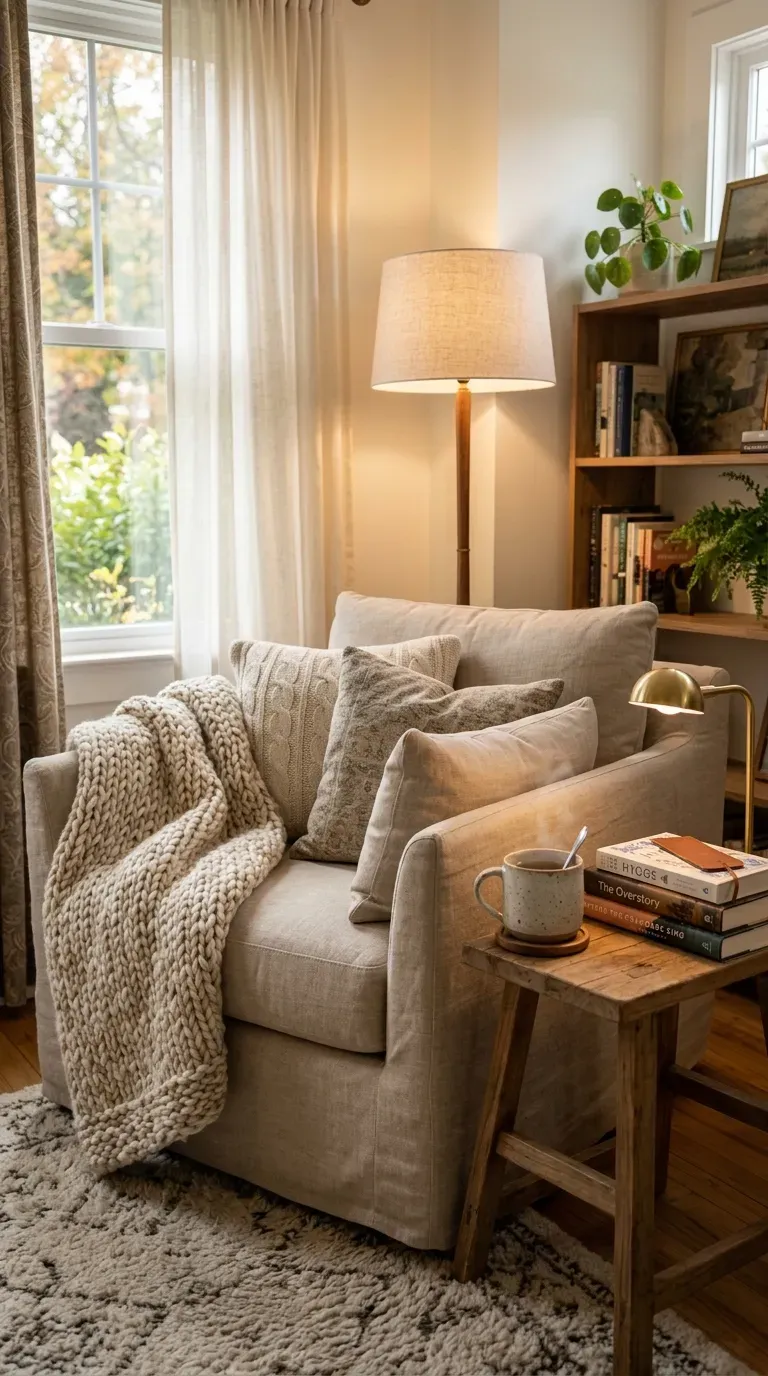 Oversized armchair with throw blanket and lamp in living room corner